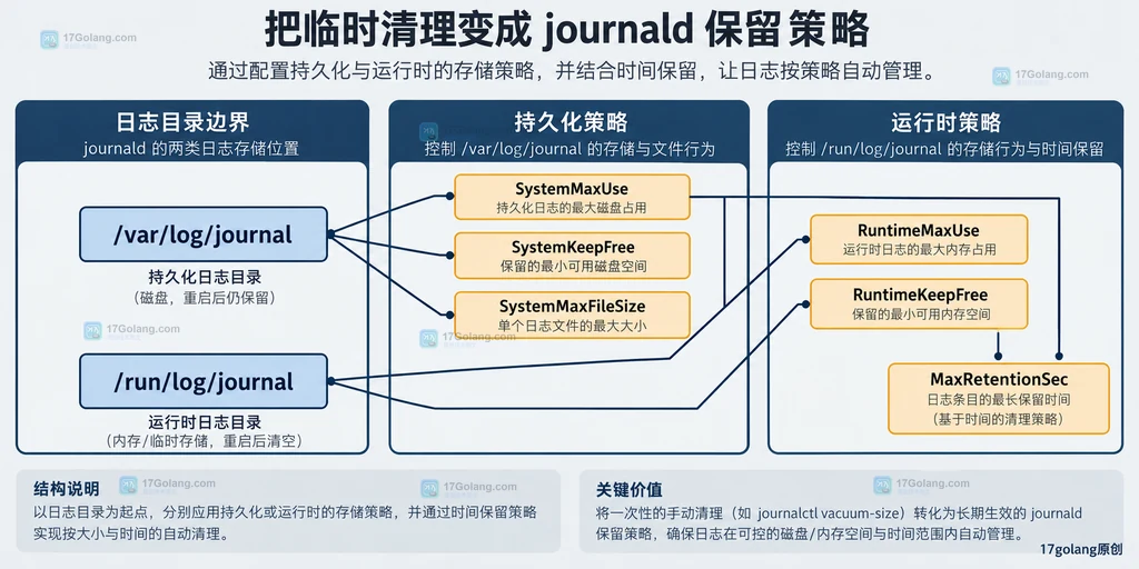 journalctl 清理时活动日志、归档日志与磁盘占用统计之间的静态关系图