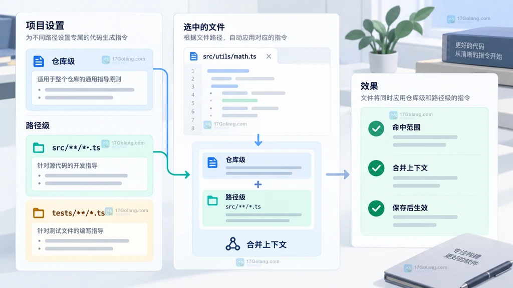 GitHub Copilot 路径级自定义指令的原创界面说明图,展示 src 和 tests 匹配模式以及仓库级路径级规则合并