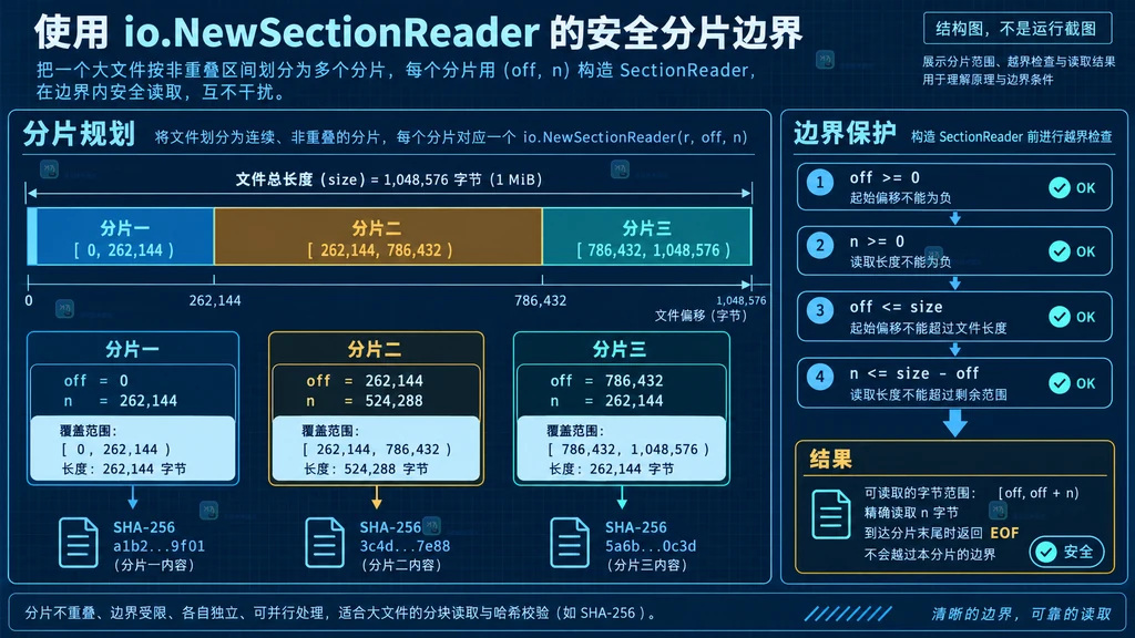 Go 大文件按非重叠区间规划分片并检查 off、n、文件总长度和 EOF 边界的结构图