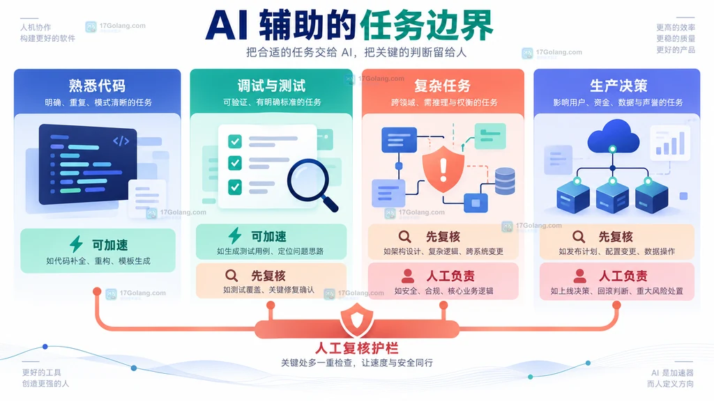 AI 辅助开发实践决策矩阵,区分熟悉代码、调试测试、复杂任务和生产决策的人工复核边界