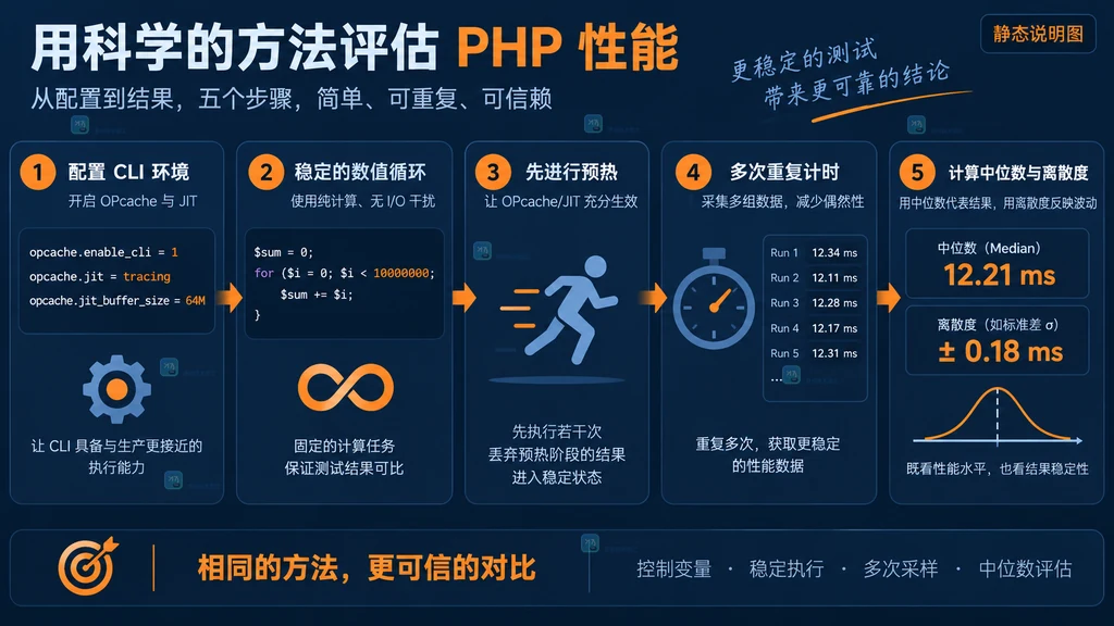 PHP OPcache JIT 从 CLI 配置到数值循环预热、多次计时和中位数汇总的流程说明图