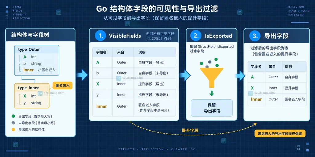 Go 结构体字段从可见性到导出性筛选的静态关系图