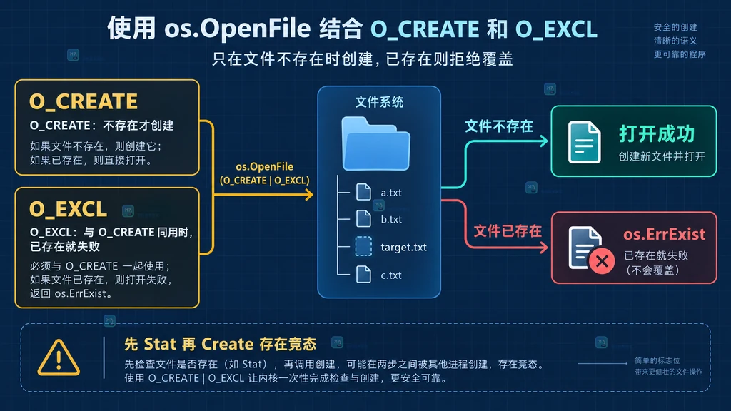 Go os.OpenFile 使用 O_CREATE 与 O_EXCL 拒绝覆盖已有文件的结构说明图
