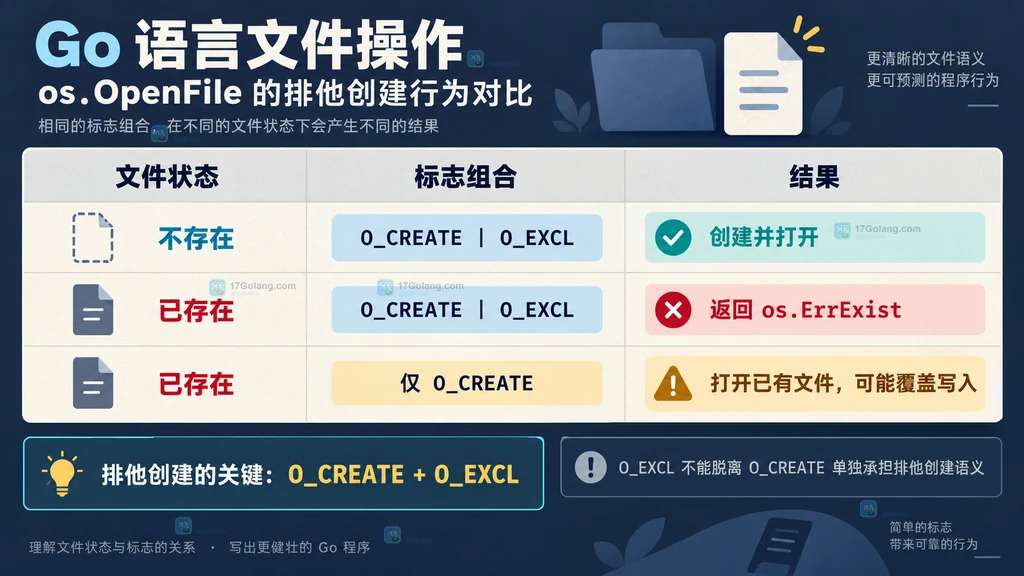 Go os.OpenFile 文件状态与 O_CREATE O_EXCL 返回结果的对照结构图