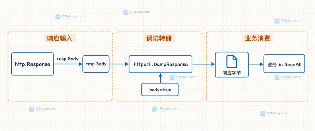 Go httputil.DumpResponse 读取并恢复 resp.Body 的静态结构说明图