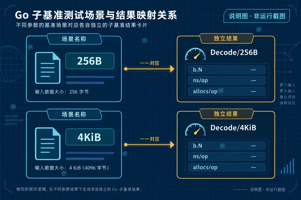 Go testing.B.Run 说明图:外层一次性准备连接样本,分流到带名称的串行子基准循环