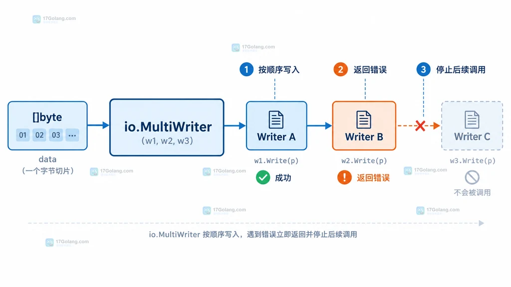 Go io.MultiWriter 将同一份字节按顺序写入 Writer A、Writer B、Writer C，Writer B 出错后停止 Writer C 的调用关系