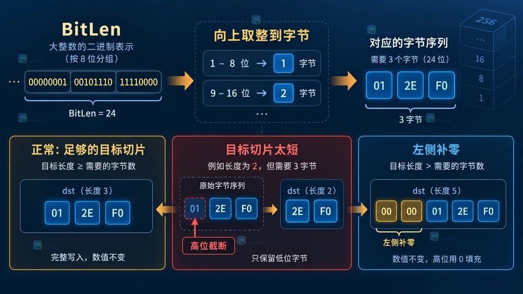BitLen 计算 FillBytes 所需字节数以及过短目标导致高位截断的结构图