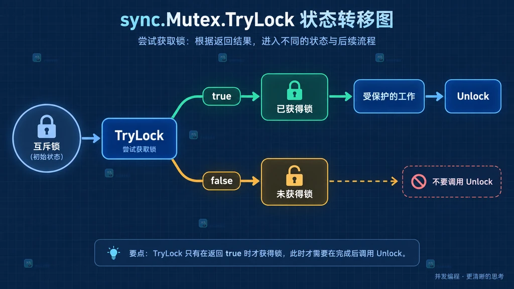 Go sync.Mutex.TryLock 返回 true 与 false 后分别进入获得锁和未获得锁分支的状态说明图