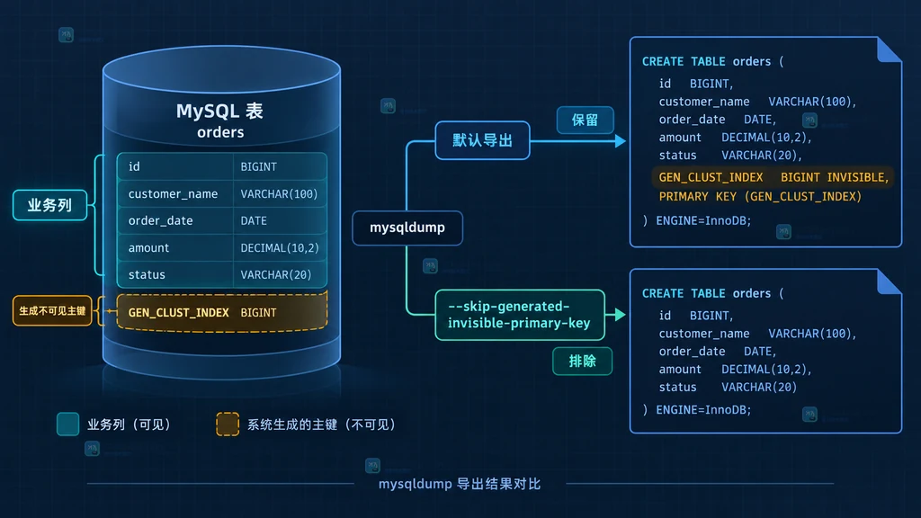 业务列、生成不可见主键与两种 mysqldump 导出路径的静态关系
