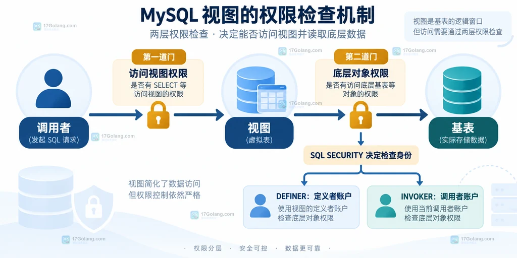 MySQL 视图安全上下文中调用者、视图和基表的两层权限检查链路说明图