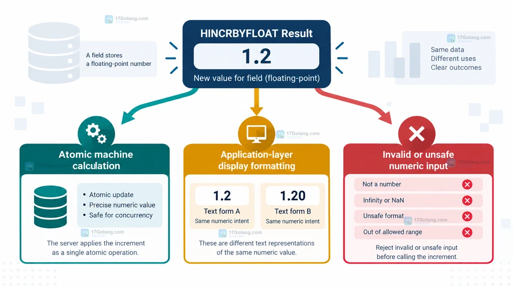 Redis HINCRBYFLOAT 从 Hash 字段读取浮点值、递增并返回规范化数值文本的静态结构说明图