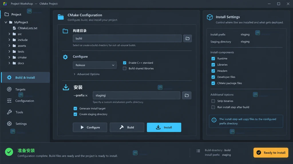 CMake 工作流中定位构建目录和安装入口的原创界面说明图