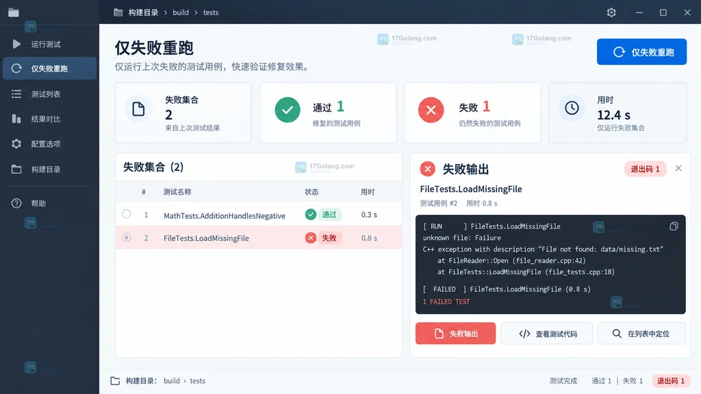 原创软件界面说明图:CTest 面板显示仅重跑失败测试后的结果状态