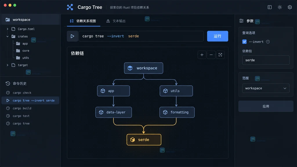 原创 Cargo 依赖分析界面说明图,展示使用 --invert 指定目标依赖和 workspace 范围