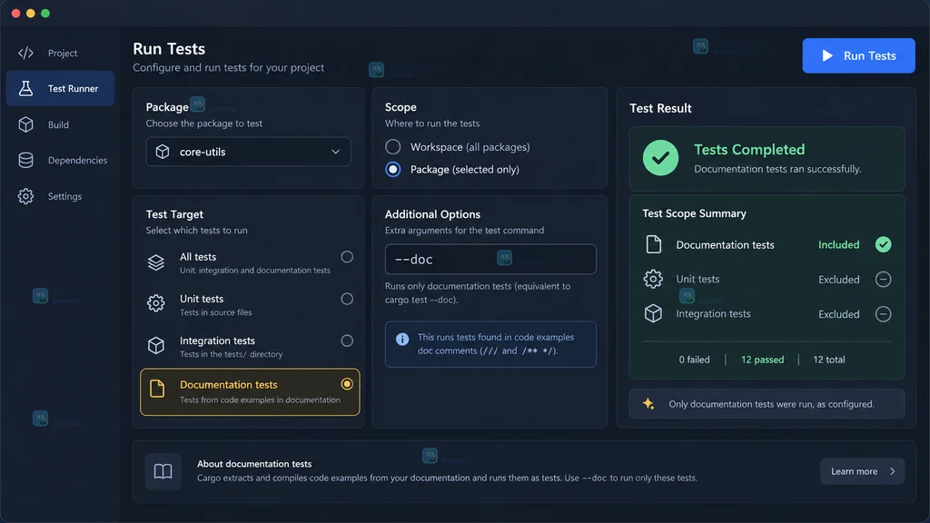 原创 Cargo 文档测试结果界面说明图,展示 Documentation tests、--doc 选项以及普通测试被排除的状态
