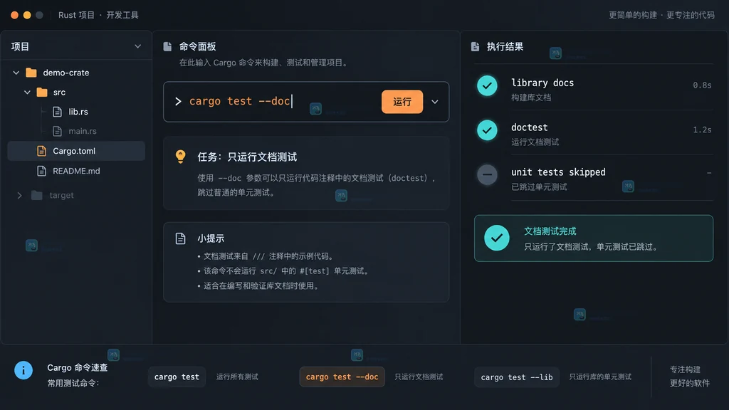 原创 Cargo 文档测试入口界面说明图,展示 cargo test --doc、库文档目标和跳过普通测试的范围
