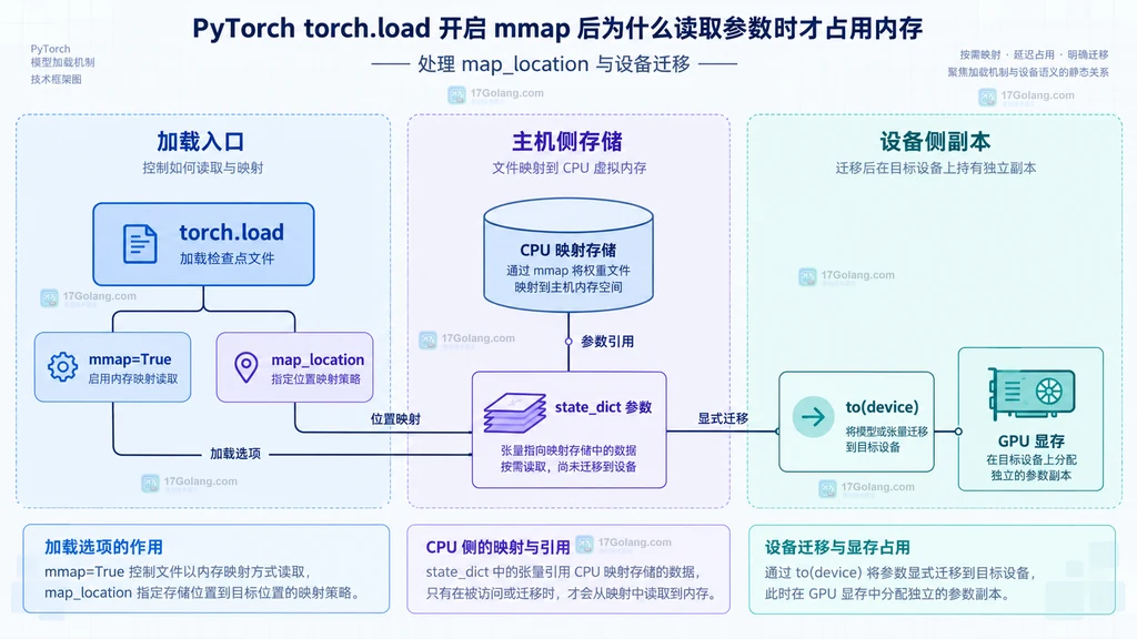 torch.load 的 mmap、map_location、CPU 映射存储、state_dict 参数与 GPU 显存关系图