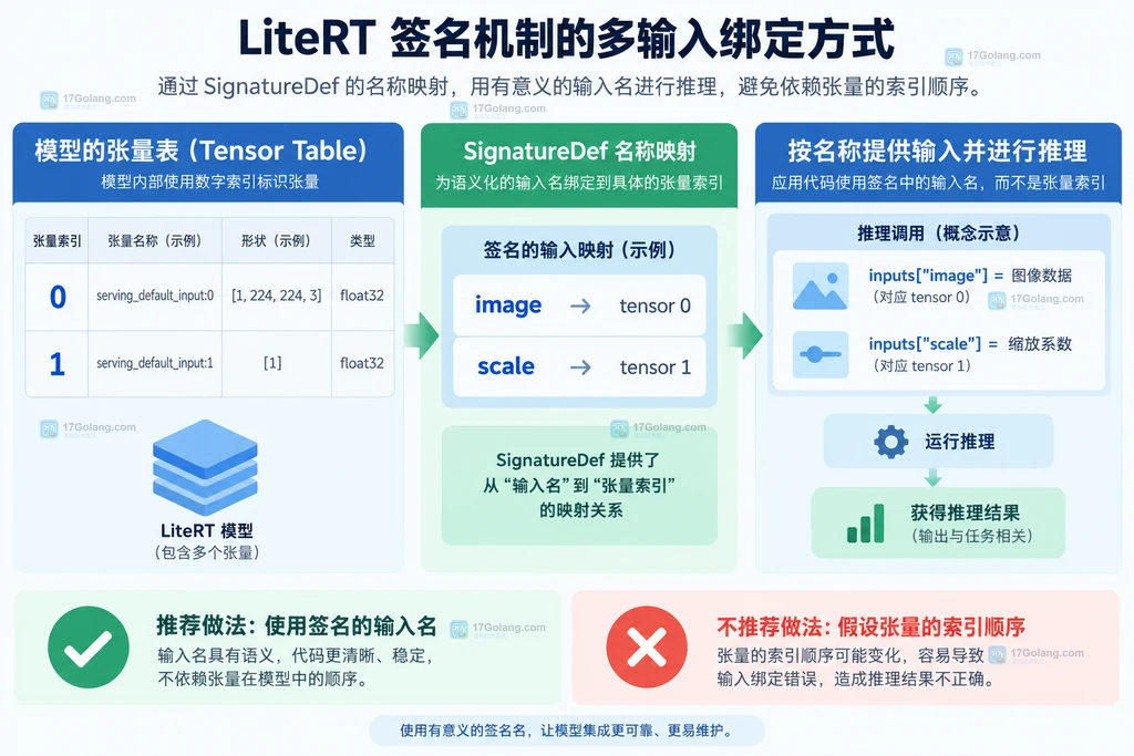 LiteRT SignatureDef 输入名称映射到内部 tensor index 并按名称执行推理的结构说明图
