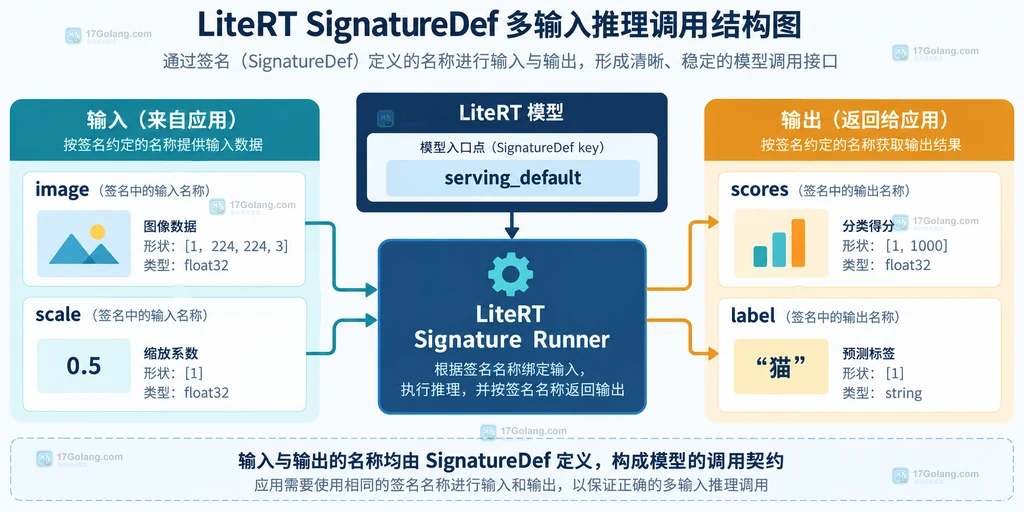 LiteRT SignatureDef 中 signature key、多输入名称和多输出名称的关系说明图