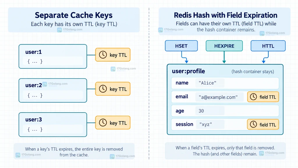 整 key TTL 与 Redis 哈希字段 TTL 的生命周期对比说明图