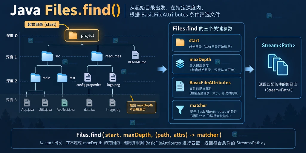 Java Files.find 惰性遍历和 try-with-resources 关闭目录资源说明图