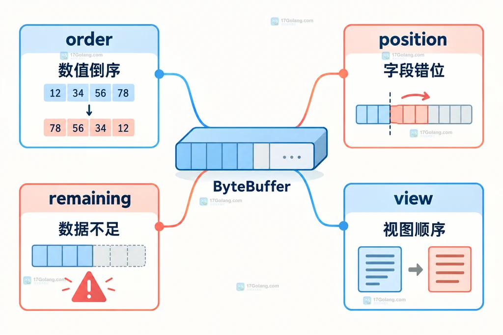 四个字节在 Java ByteBuffer 中按大端和小端组成不同整数的静态说明图