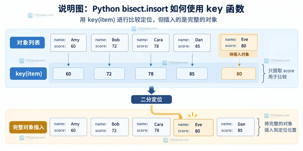 对象列表经过 key 提取、二分定位后插入完整对象的静态关系说明图