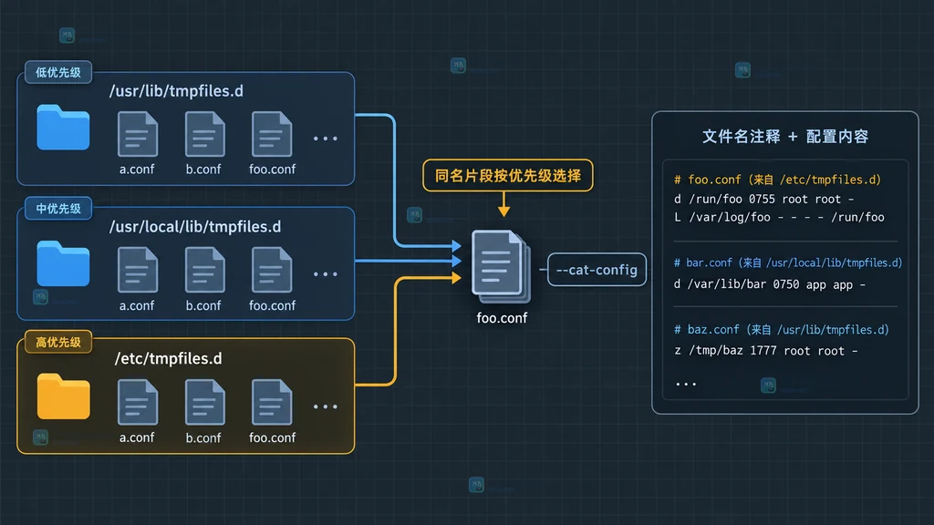 systemd-tmpfiles 配置目录优先级与 cat-config 输出来源关系说明图