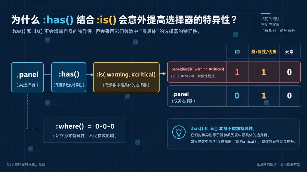 CSS :has 降级样式的双层结构说明图,基础卡片层与支持 :has 后的父级增强层分开