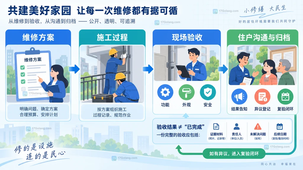物业维修项目从现场验收到住户沟通复验的闭环关系示意图
