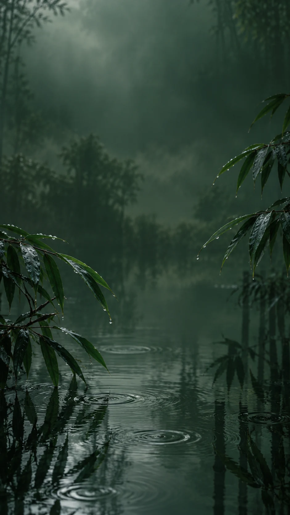 墨绿竹影与雨后水面的原创竖屏手机壁纸