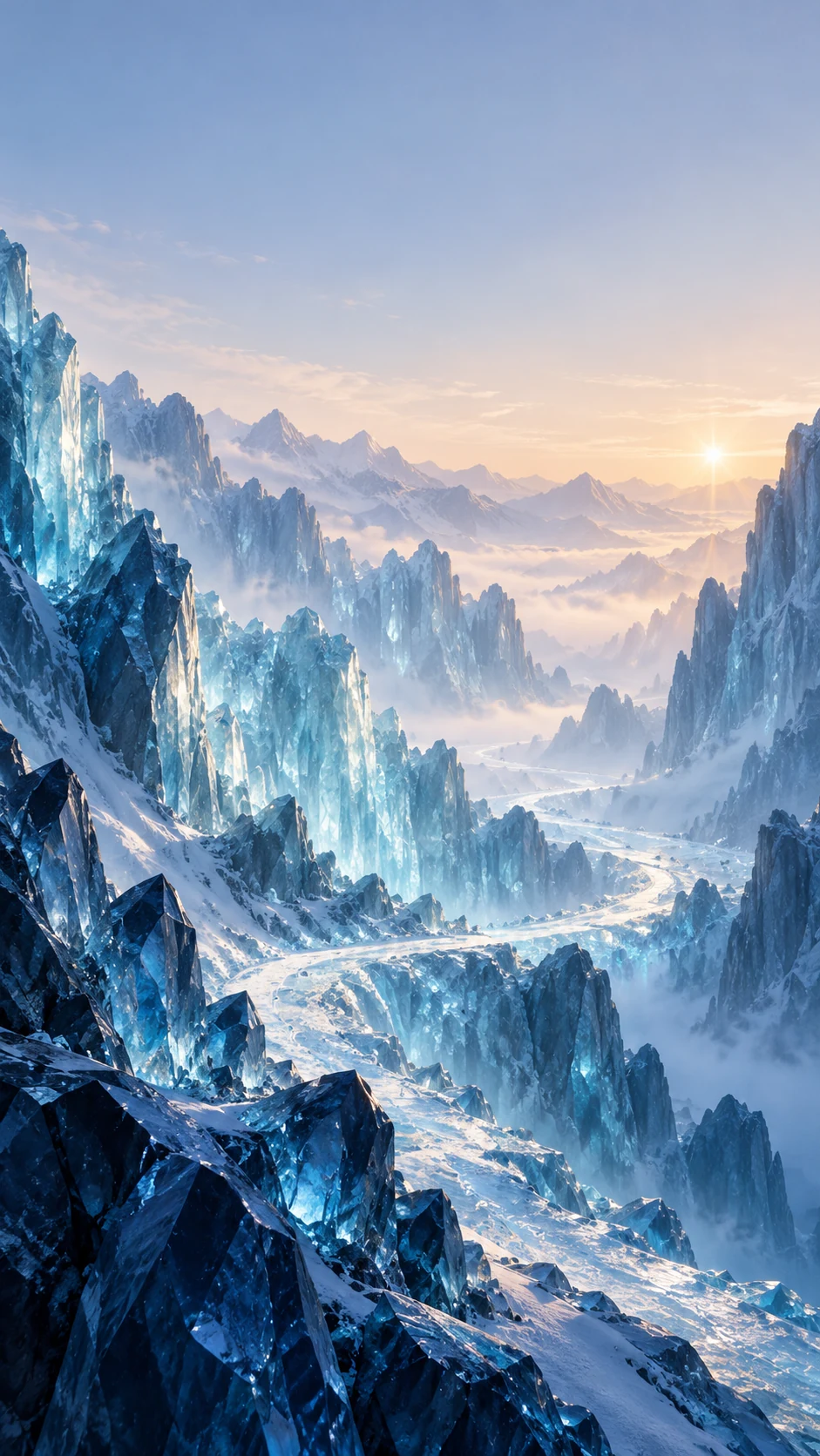 侧向冰蓝水晶峡谷与晨星的手机壁纸变体
