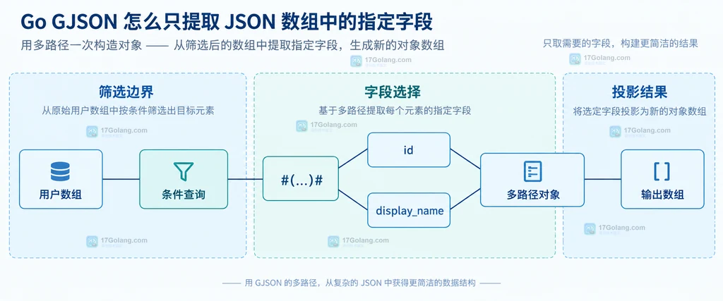GJSON 从订单数组经过井号路径投影到 id 和 name 字段再形成 Result 数组的静态结构图