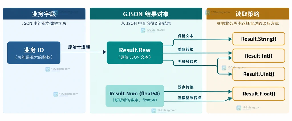 GJSON 业务 ID 经过 Raw、Num 后选择 String、Int、Uint 或 Float 的关系图