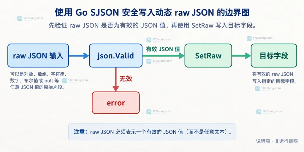 动态 raw JSON 经过 json.Valid 校验后由 Go SJSON SetRaw 写入目标字段的关系说明图
