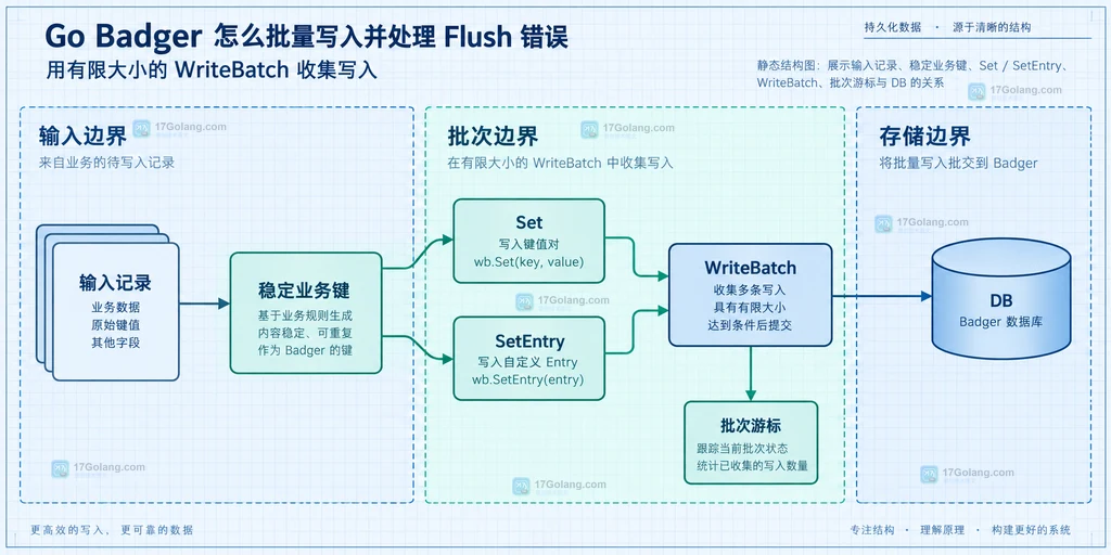 Badger WriteBatch 从输入记录到 Set、WriteBatch 和 DB 的静态调用关系说明图