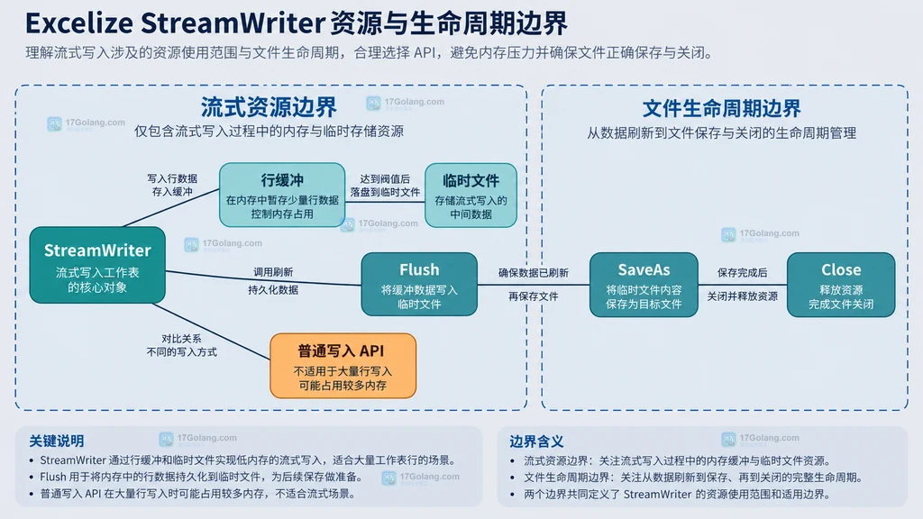 Excelize StreamWriter 的行缓冲、临时文件、Flush、SaveAs 和 Close 资源边界图