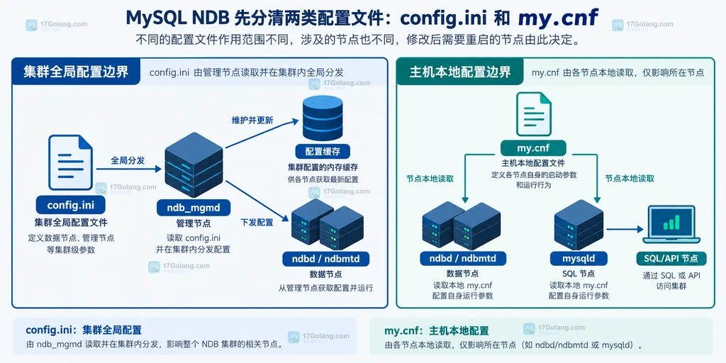 MySQL NDB config.ini 与 my.cnf 连接管理节点、数据节点和 SQL API 节点的边界说明图