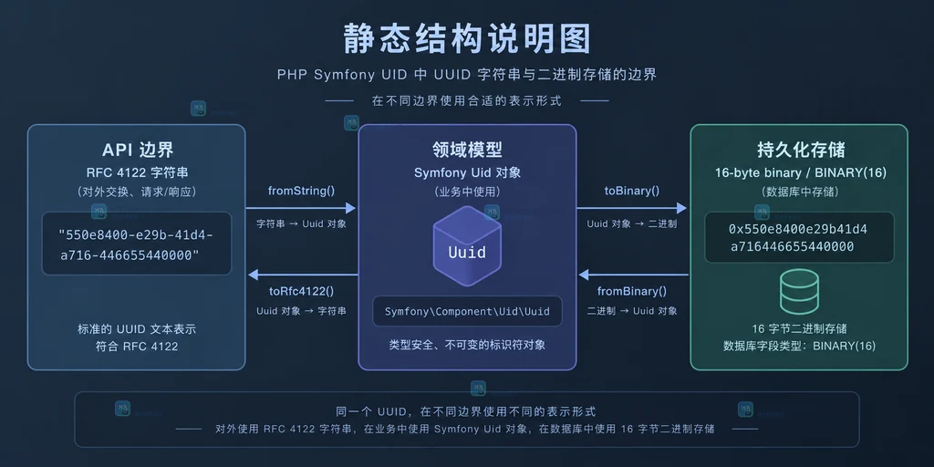 RFC 4122 UUID 字符串、Symfony Uid 对象和 BINARY 16 存储的结构说明图