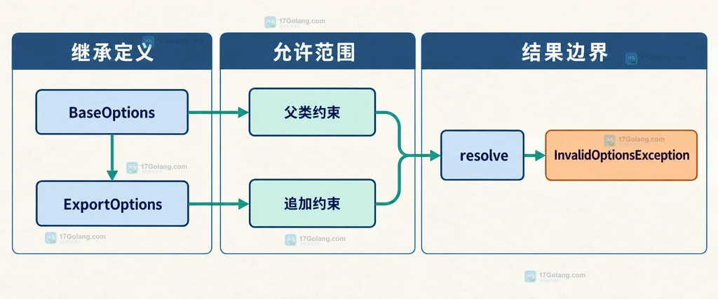 解释父类选项定义、子类追加规则和 InvalidOptionsException 的静态关系