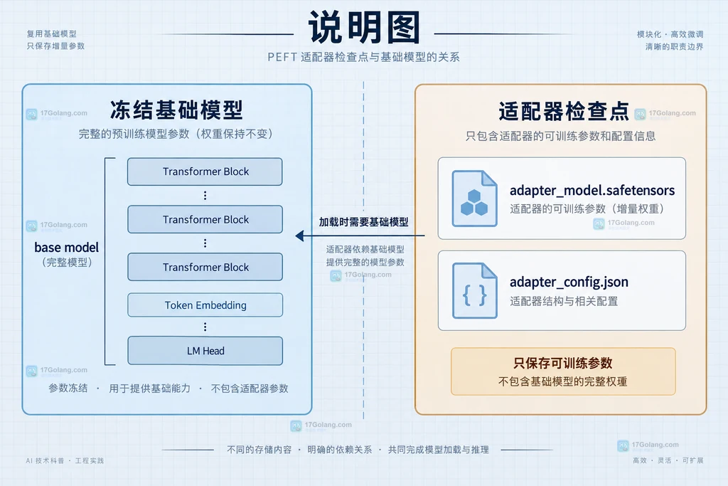 PEFT冻结基础模型与适配器检查点的存储边界说明图