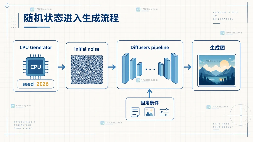 Diffusers 使用 CPU Generator 固定随机状态并传入 pipeline 的流程说明图