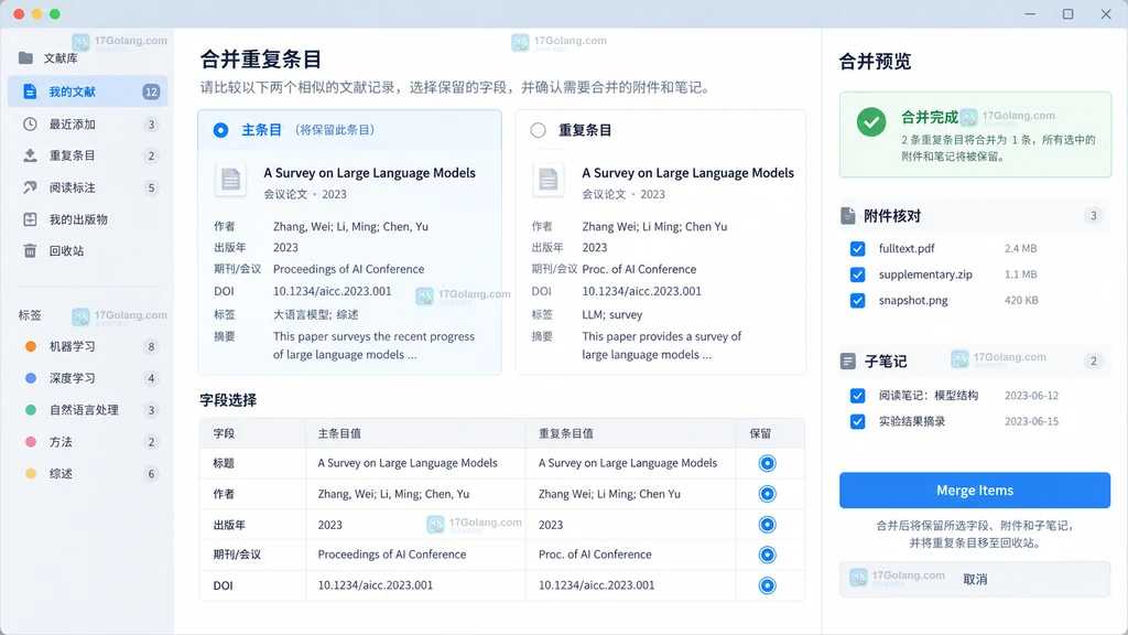 Zotero Merge Items 合并面板说明图,展示主条目选择、字段取值、附件和笔记保留核对区