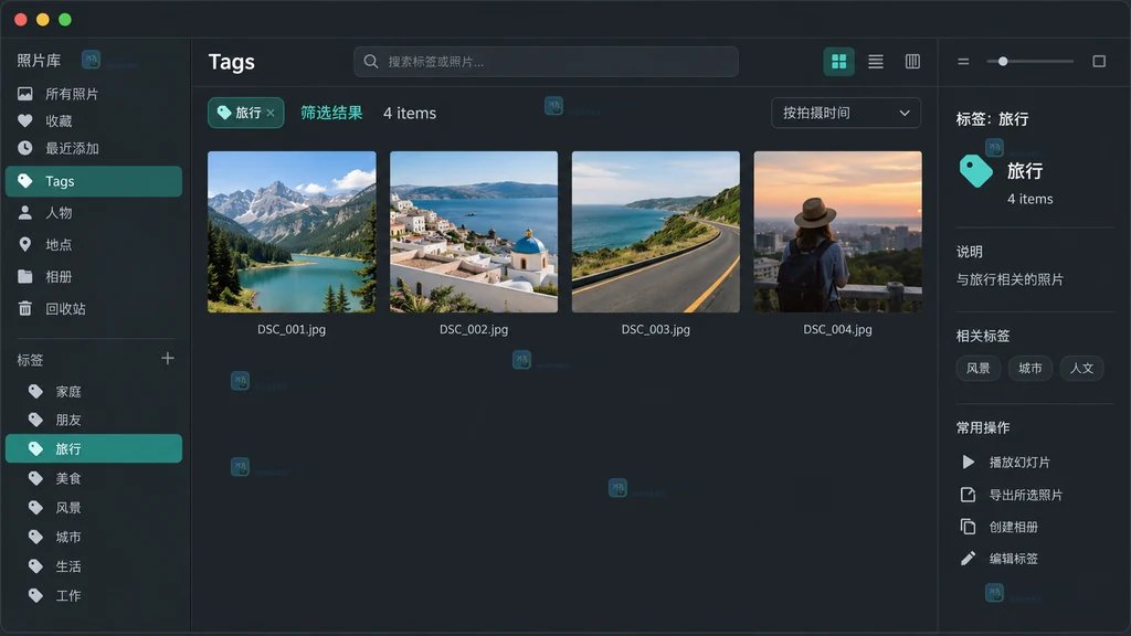 digiKam 左侧 Tags 标签树选中旅行标签后主区域显示筛选照片的原创界面说明图