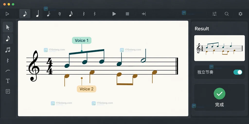 MuseScore 风格原创界面说明图,显示同一小节的第一声部和第二声部及相反符干
