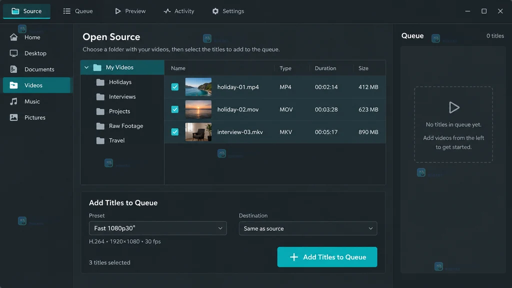 HandBrake 风格原创界面说明图,展示多个视频标题勾选和加入队列按钮