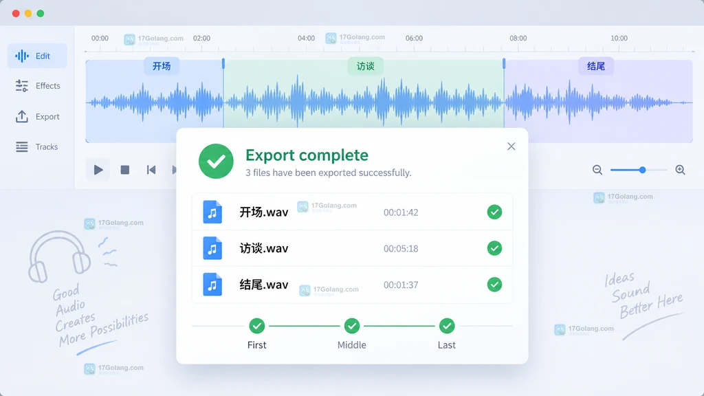 Audacity原创界面说明图,展示按标签生成多个独立音频文件后的结果列表