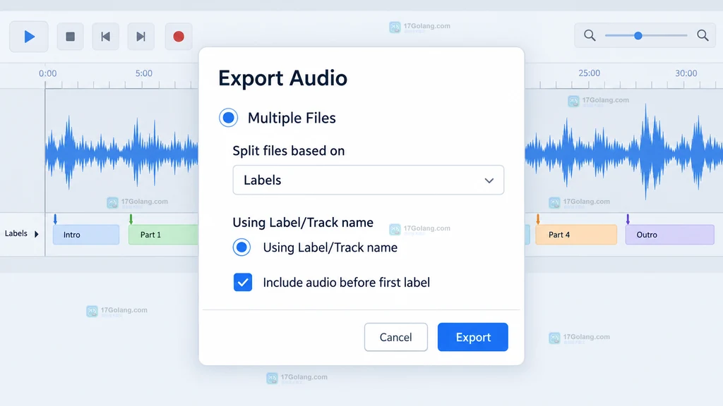 Audacity原创界面说明图,展示Export Audio的Multiple Files与Labels拆分选项