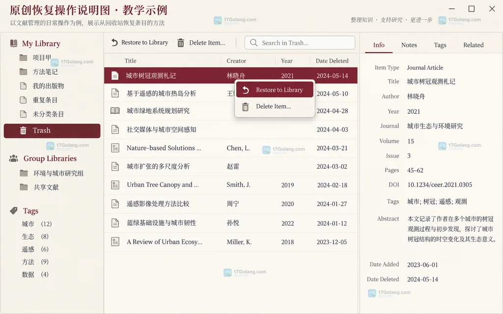 原创恢复说明图:回收站中选择Restore to Library